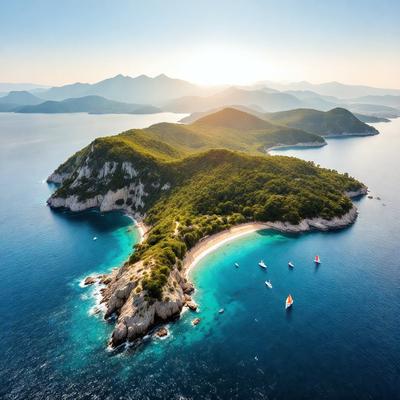 The primary subject of the image is a small island surrounded by a beautiful blue lagoon. The island is covered in lush green trees, creating a serene and picturesque scene. The setting is a tropical environment, with the sun shining brightly over the island. The visual style of the image is a photo, capturing the natural beauty of the island and its surroundings. The colors and mood of the image are vibrant and inviting, with the blue lagoon and green trees creating a sense of tran